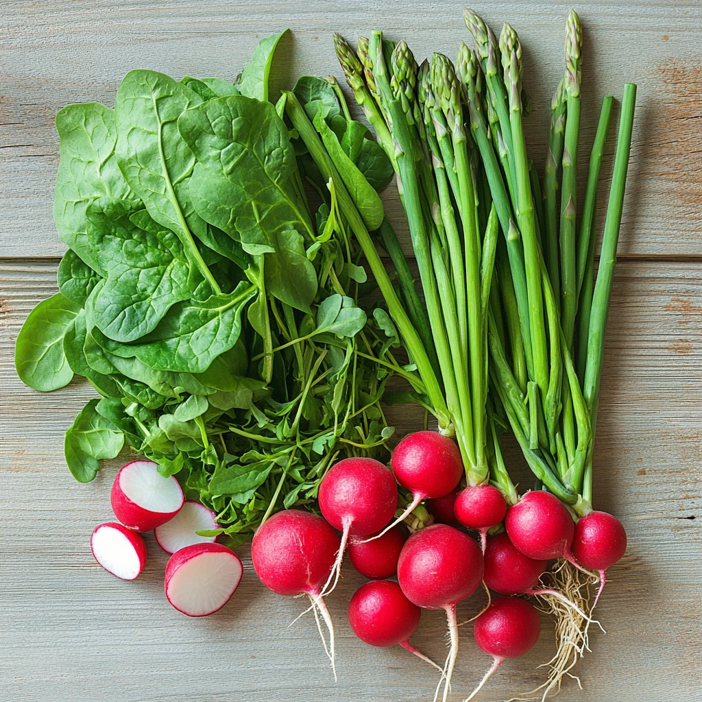 Весняні сезонні продукти: редиска, молода зелень, спаржа