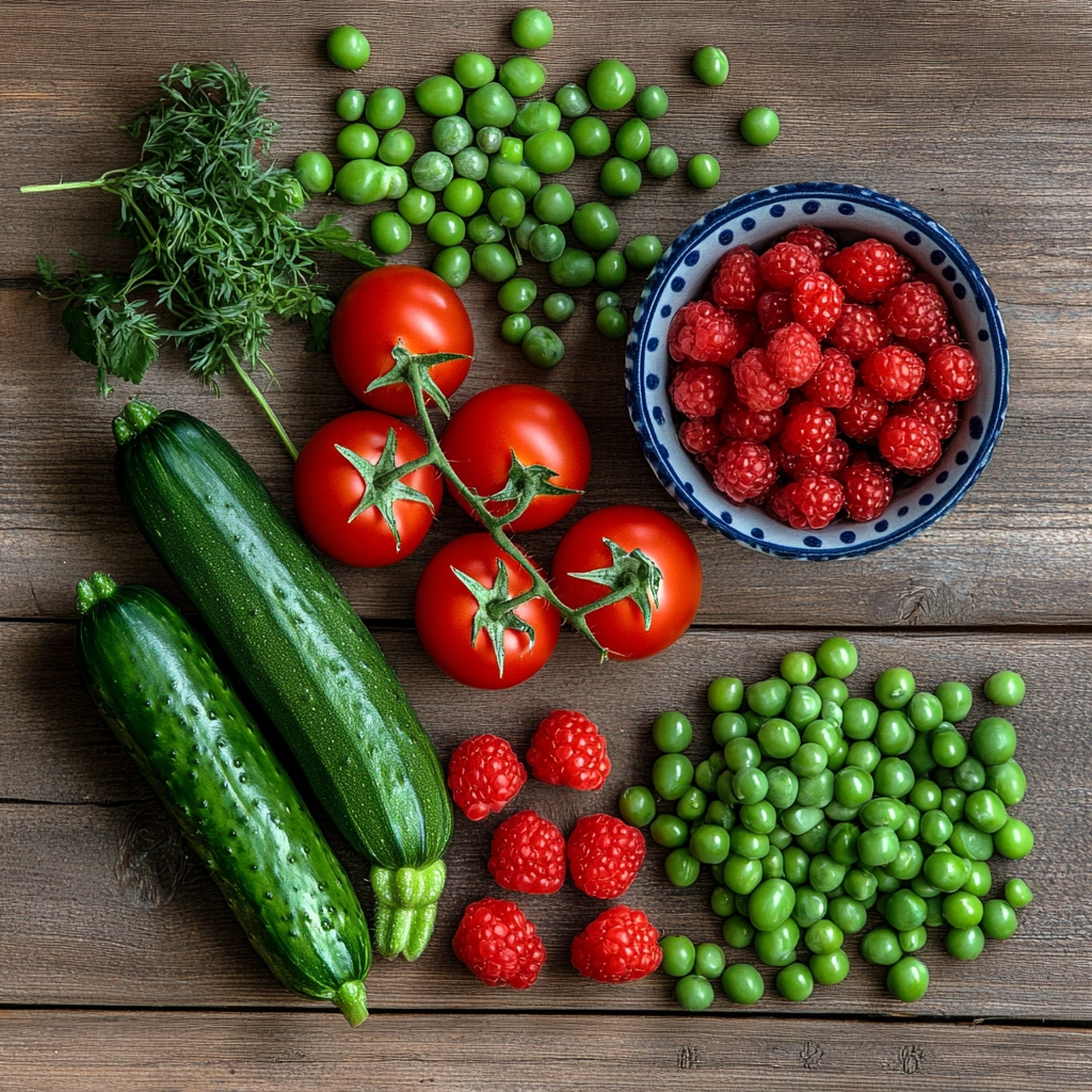Літні сезонні продукти: ягоди, помідори, огірки